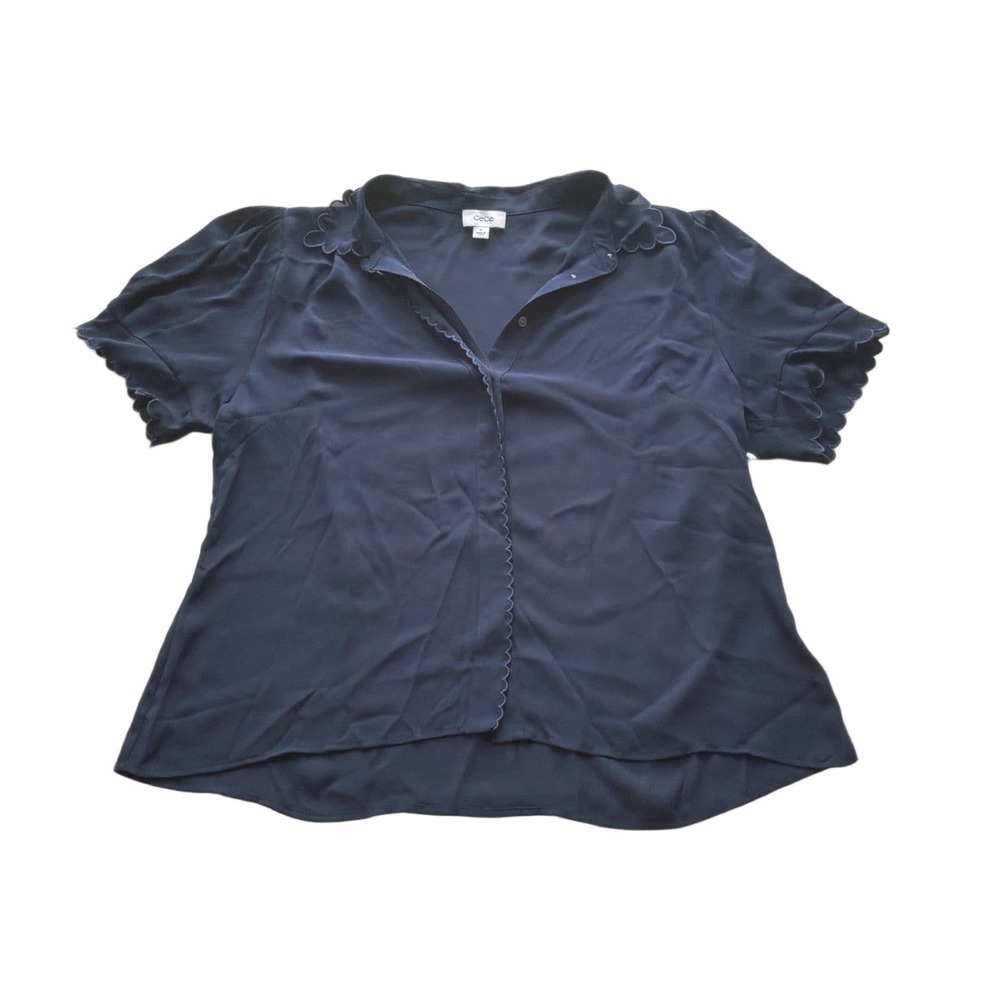 CeCe Womens XL Navy Scalloped Trim Short Sleeve Button Front Blouse Top NWT $79